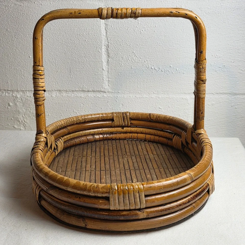 Vintage Bentwood Rattan Oval Basket Tray with Handle Brown Wood Base